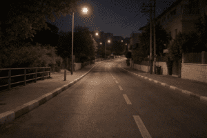 דרך ריקה בלילה מחוץ לתחנת משטרה, רגע של עצירה לפני מעצר